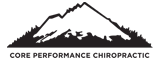 Core Performance Chiropractic scrolling logo, it has mountains.